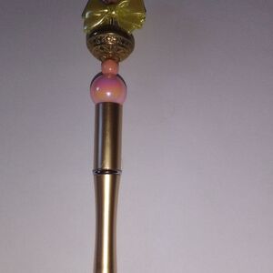Gold-tone Decorative Pen with Pink Accent Bead